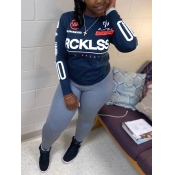 Lovely Sportswear O Neck Letter Print Deep Blue Tw