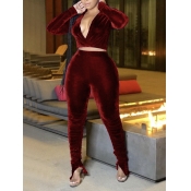 Lovely Sexy Deep V Neck Wine Red Velvet Two Piece 