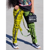 Lovely Casual Plaid Print Patchwork Yellow Pants