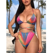 Lovely Sexy Print Patchwork Lace-up Rose Red Two-p