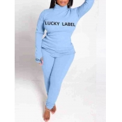 Lovely Casual Turtleneck Letter Print Blue Two Pie