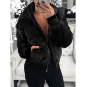 Lovely Casual Hooded Collar Pocket Design Black Fa