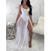 Lovely Sweet O Neck Mesh Patchwork White Two-piece