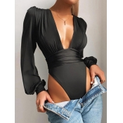 Lovely Sexy Deep V Neck Fold Design Black Bodysuit