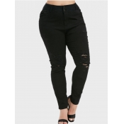 Lovely Casual High-waisted Broken Holes Black Plus