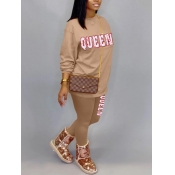 LW Casual Letter Print Khaki Two Piece Pants Set