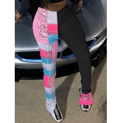 Lovely Street Print Patchwork Side Slit Black Pant