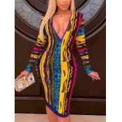 Lovely Casual V Neck Print Patchwork Yellow Knee L