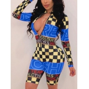 Lovely Sportswear Plaid Print Zipper Design Yellow