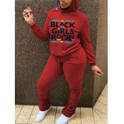 Lovely Casual Letter Print Drawstring Red Two Piec