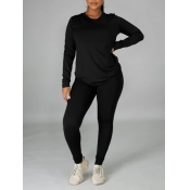 Lovely Casual O Neck Black Two Piece Pants Set