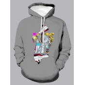 LW Men Casual Letter Print Kangaroo Pocket Grey Ho