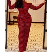 Lovely Chic Boat Neck Plaid Print Red One-piece Ju