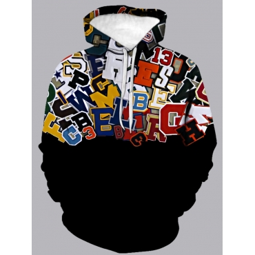 

LW Men Hooded Collar Letter Print Patchwork Hoodie, Black