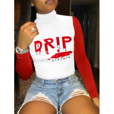 

LW Street Turtleneck Letter Print Patchwork White T-shirt