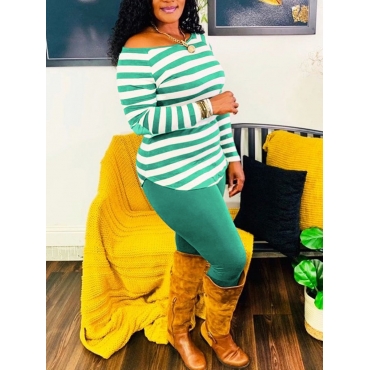 

LW Casual Boat Neck Striped Green Two Piece Pants Set