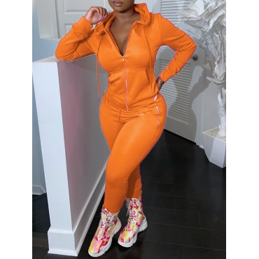 

LW Casual Hooded Collar Zipper Design Orange Two Piece Pants Set