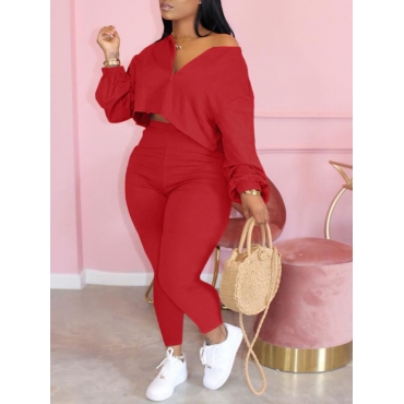

LW Plus Size Zipper Design CropTop Pants Set, Red