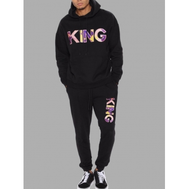 

LW Men Hooded Collar Letter Print Pants Set, Black
