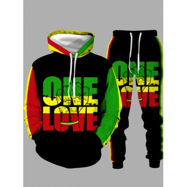 

LW Men Casual Hooded Collar Letter Print Black Two Piece Pants Set