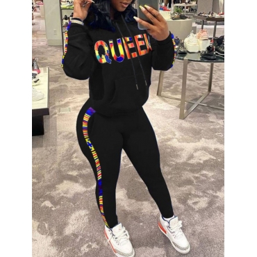

LW Sportswear Letter Print Striped Patchwork Black Two Piece Pants Set