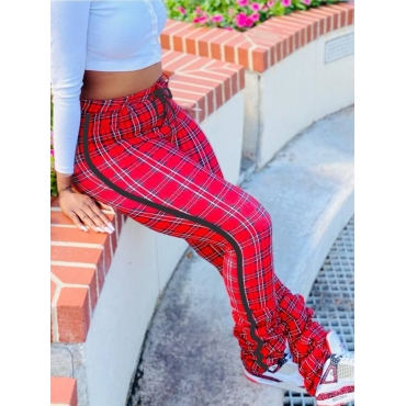 

LW BASICS Plus Size Street Plaid Print Fold Design Red Pants