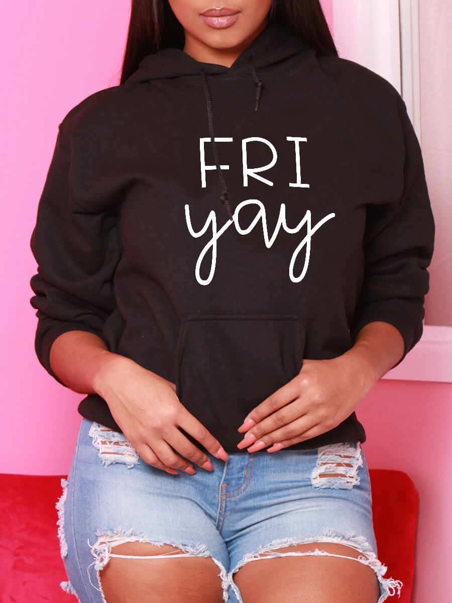 

Lovely Casual Letter Print Kangaroo Pocket Black Hoodie
