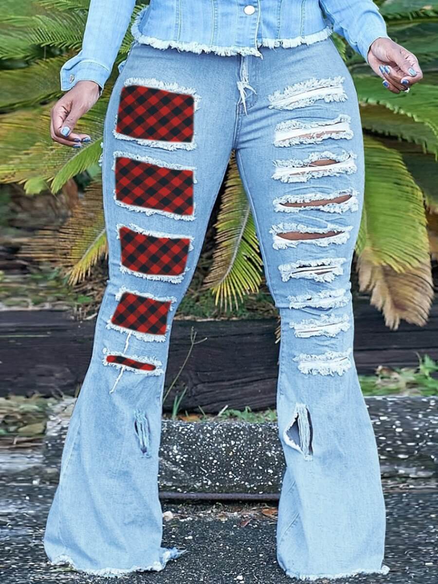 

Lovely Plus Size Stylish Plaid Print Flared Broken Holes Blue Jeans