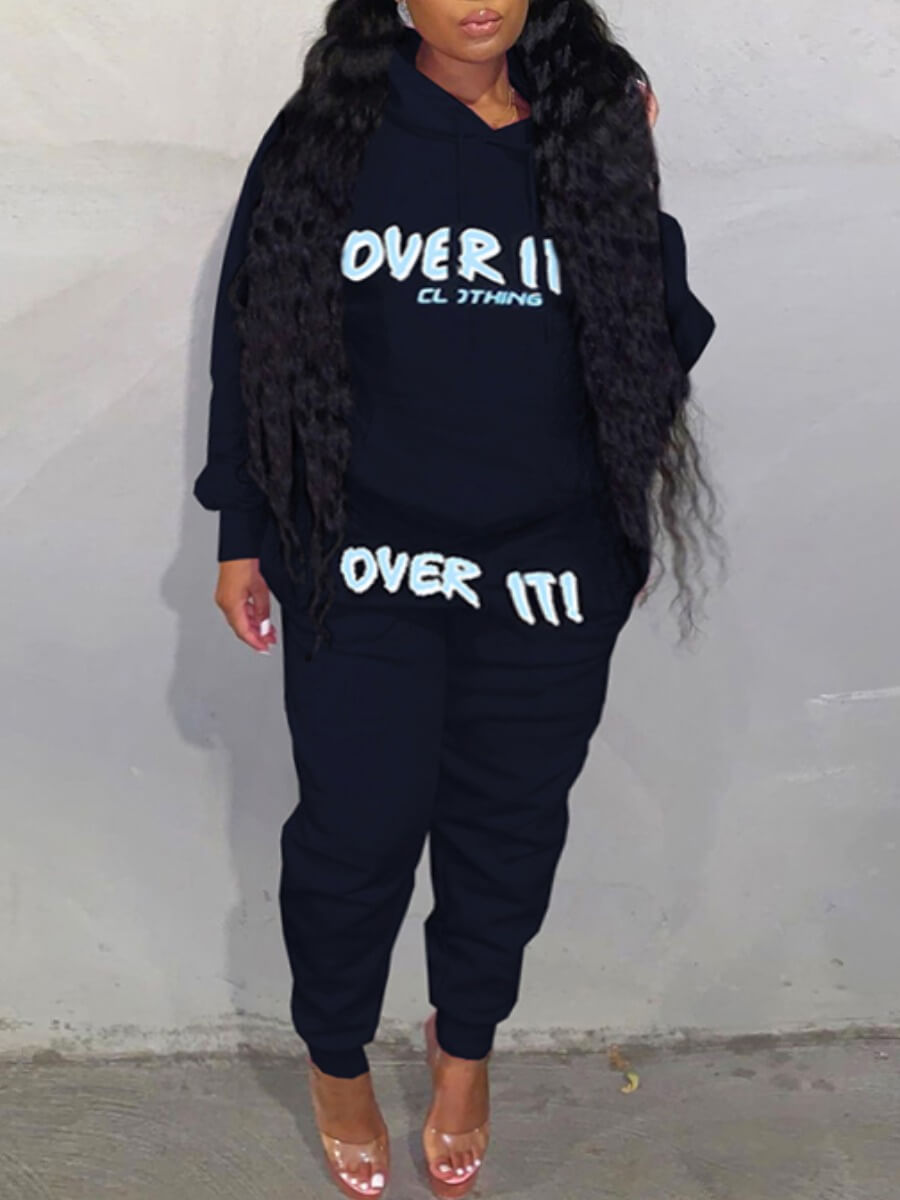 

Lovely Casual Hooded Collar Letter Print Black Two Piece Pants Set