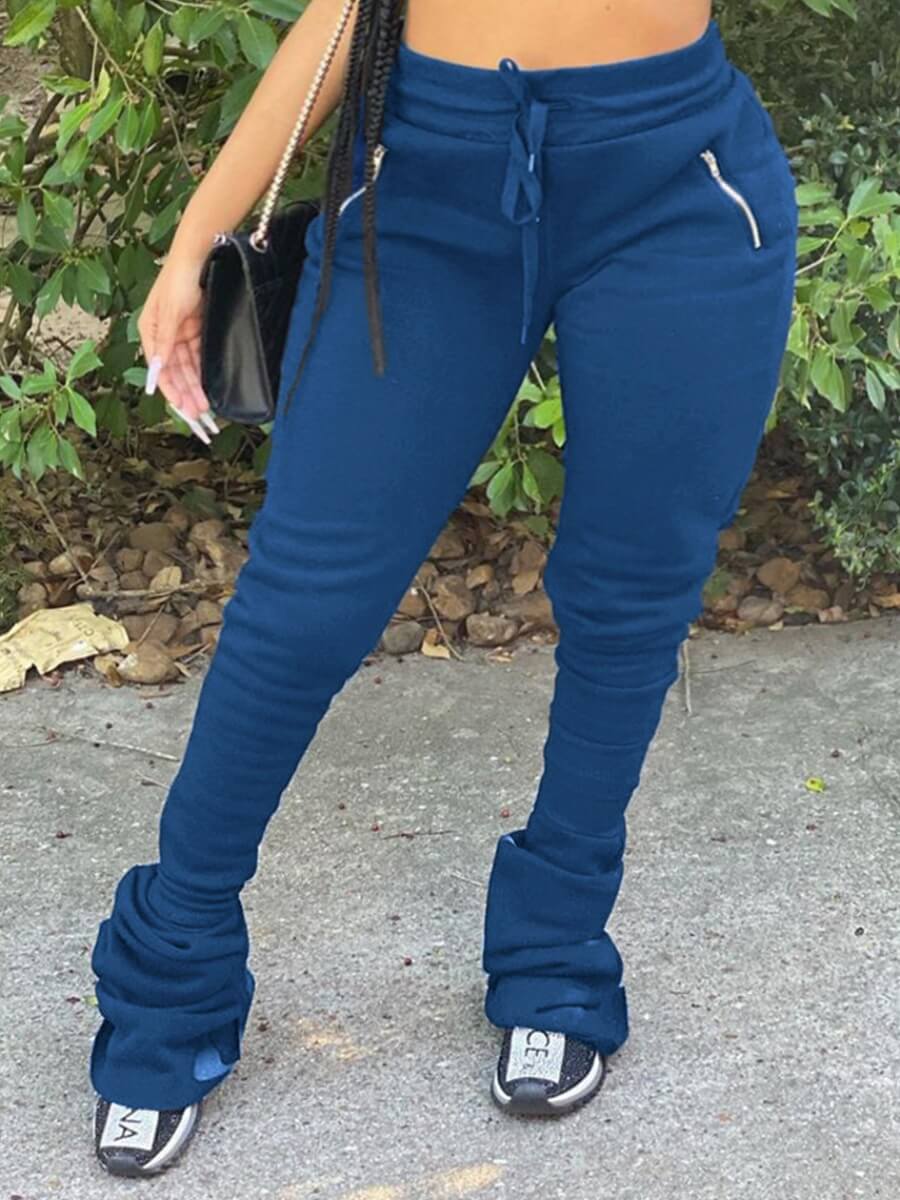 

Lovely Casual Drawstring Fold Design Blue Plus Size Pants