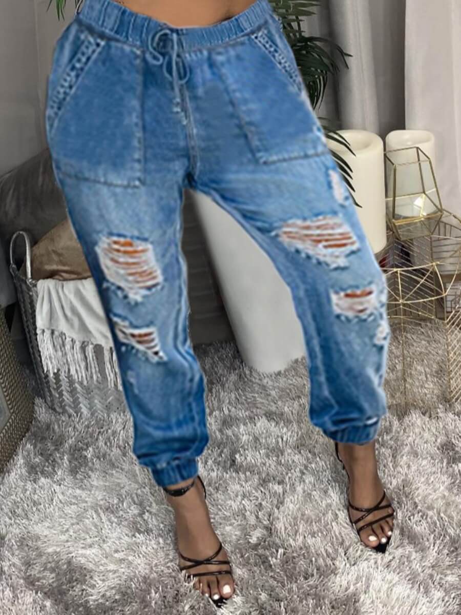 

Lovely Home Style Broken Holes Drawstring Baby Blue Jeans