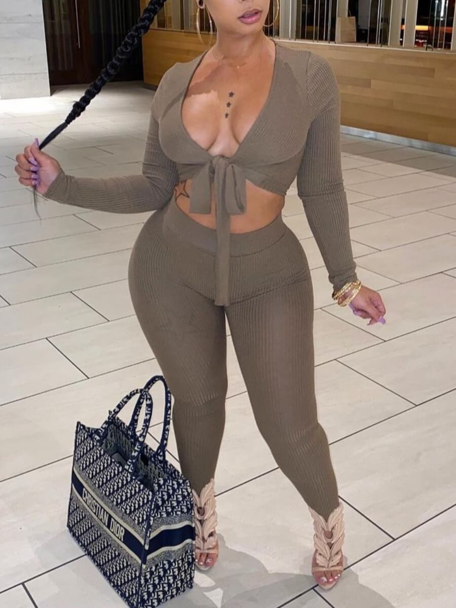 

Lovely Casual V Neck Bandage Design Khaki Two Piece Pants Set
