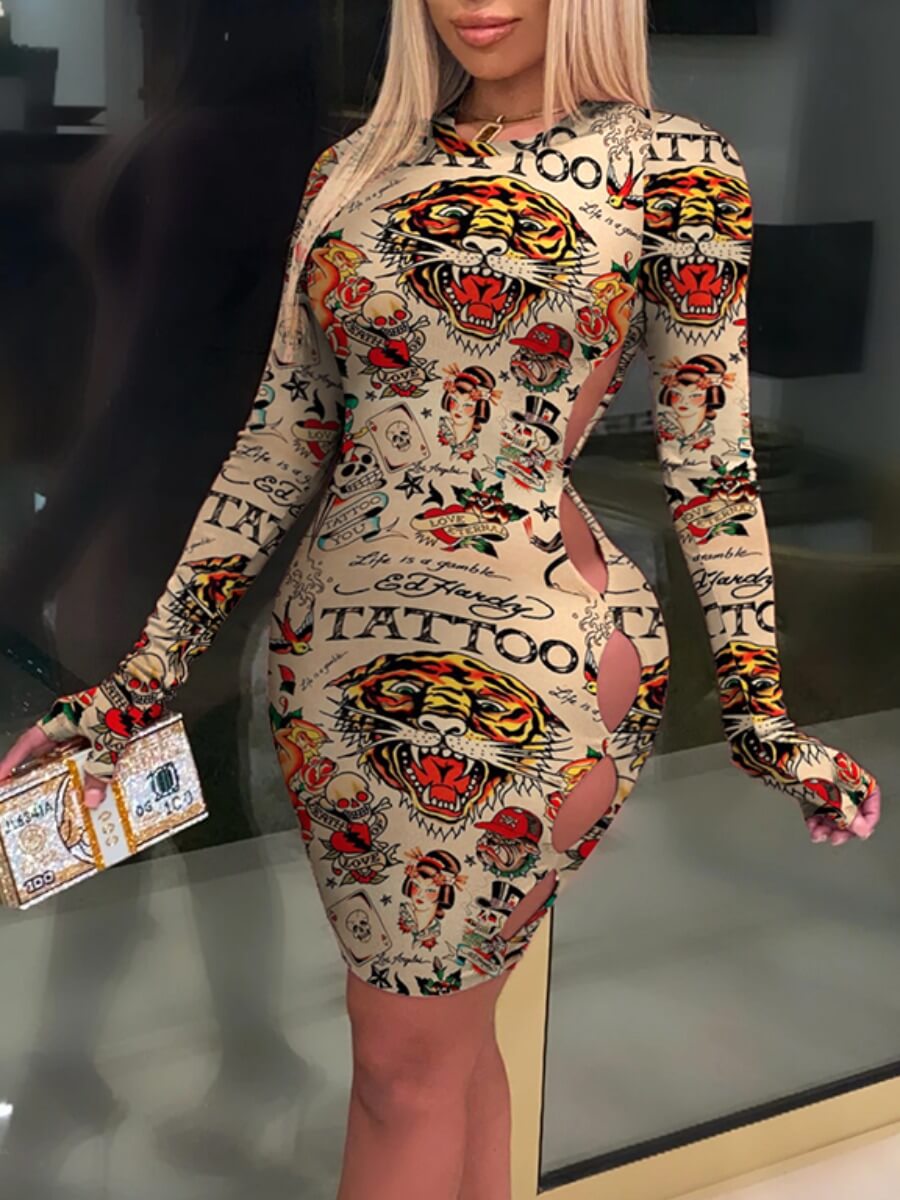 

Lovely Street Letter Print Hollow-out Apricot Mini Dress