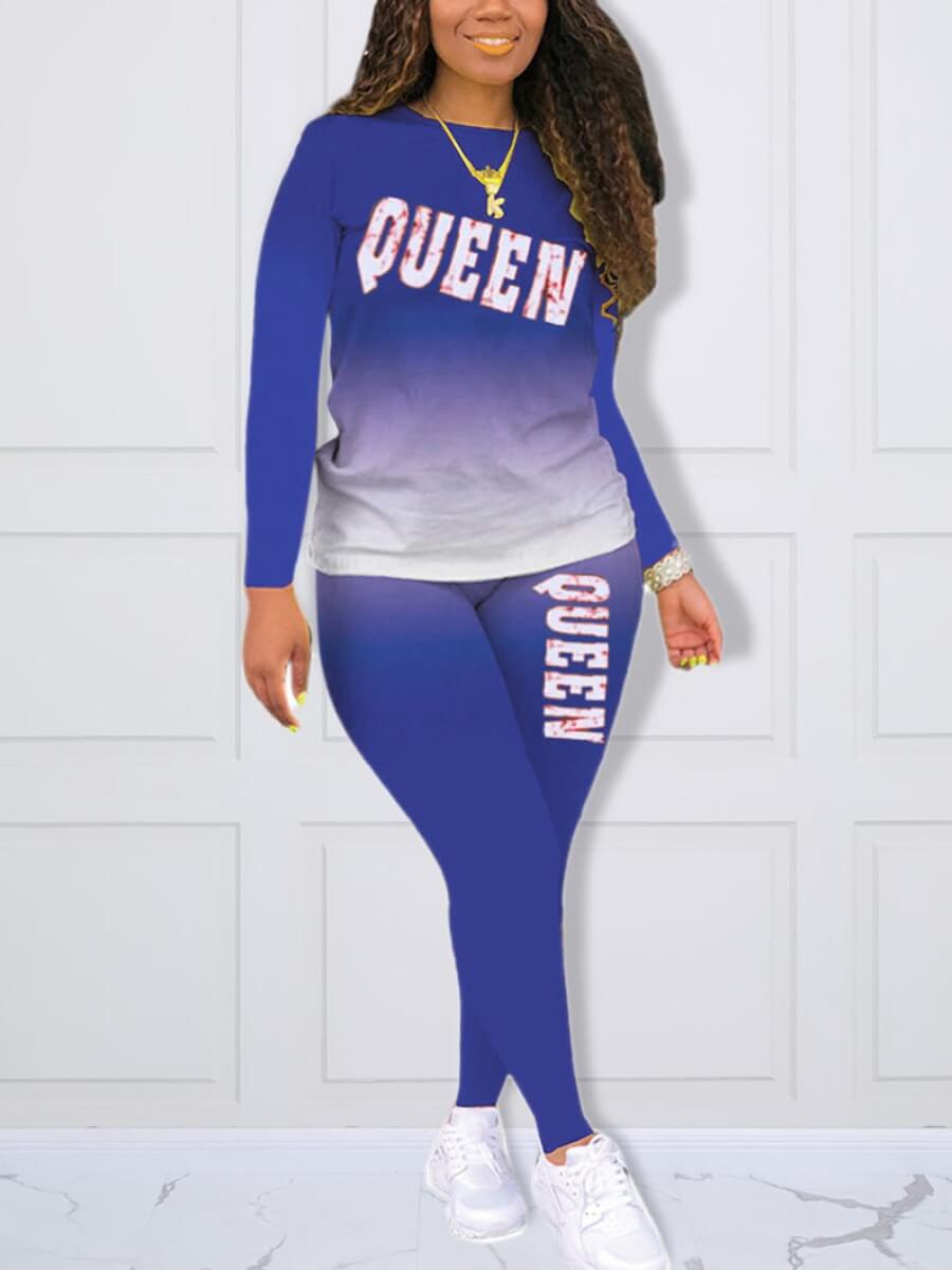 

Lovely Plus Size Trendy Gradient Letter Print Blue Two-piece Pants Set