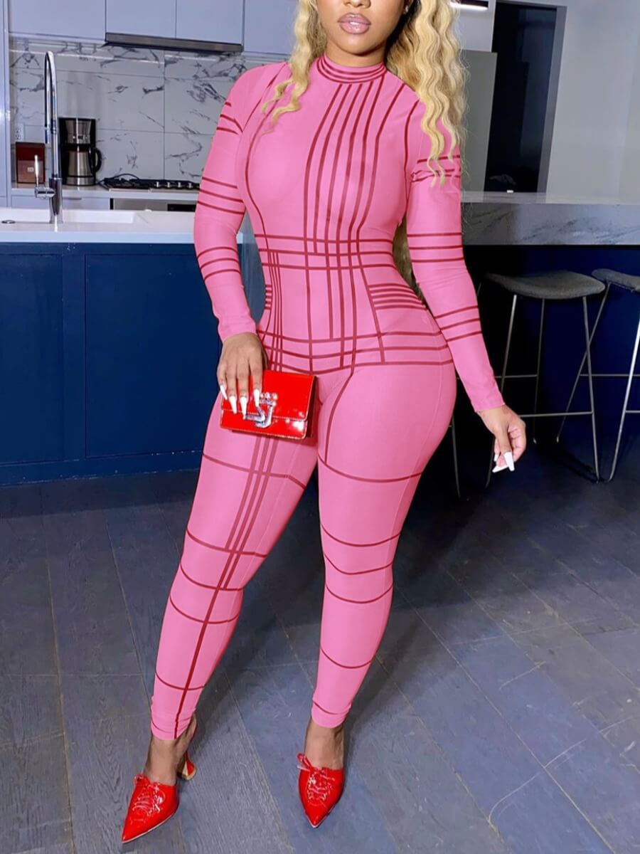 

Lovely Chic O Neck Geometric Print Rose Red One-piece Jumpsuit