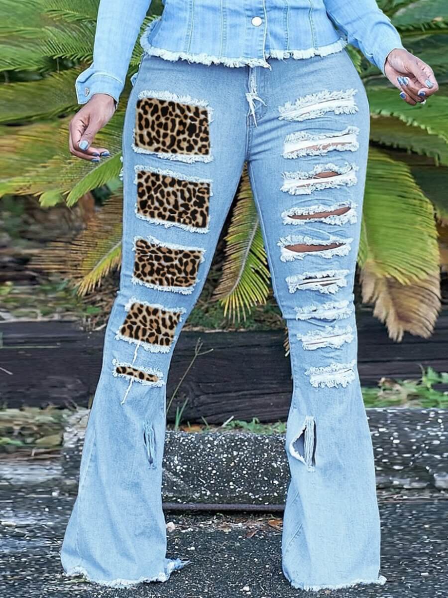 

Lovely Trendy Leopard Print Flared Broken Holes Blue Plus Size Jeans