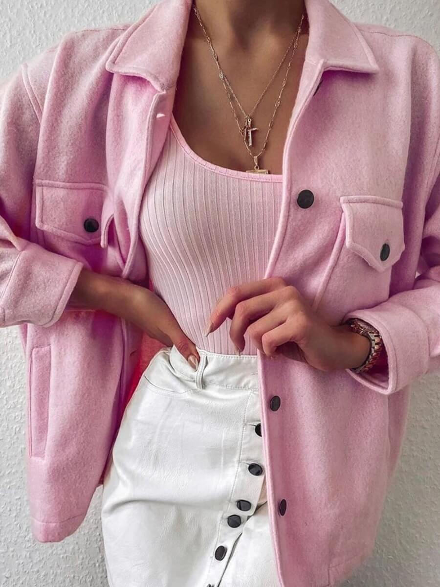 

Lovely Casual Dropped Shoulder Sleeve Pocket Patchwork Pink Coat