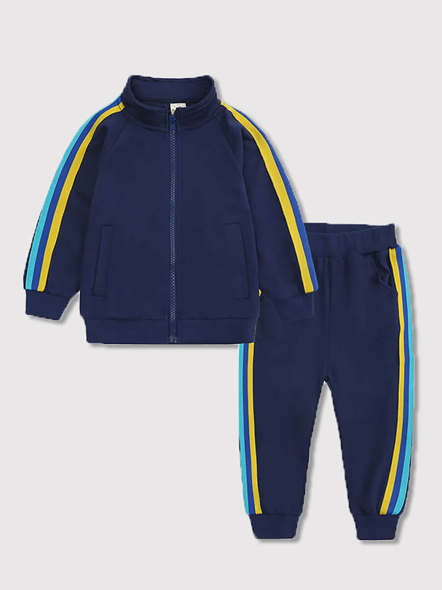 

Lovely Sportswear Mandarin Collar Rainbow Striped Patchwork Blue Boy Two Piece Pants Set