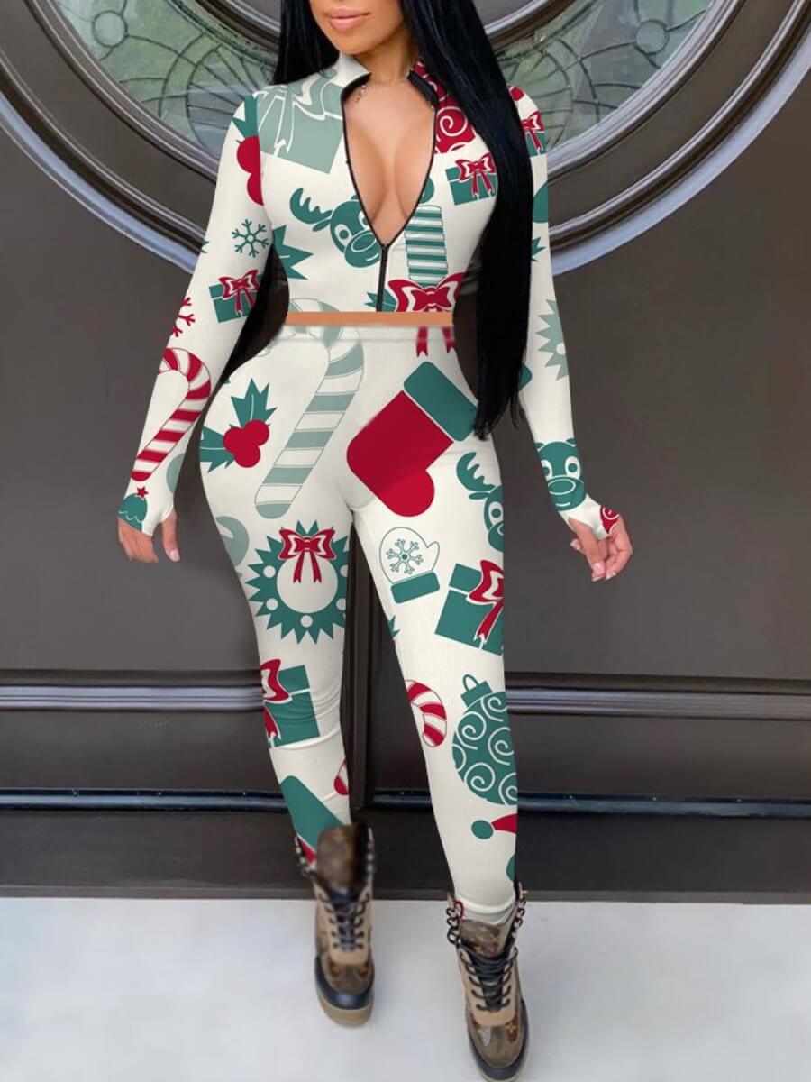 

Lovely Trendy Christmas Day Print White Two Piece Pants Set