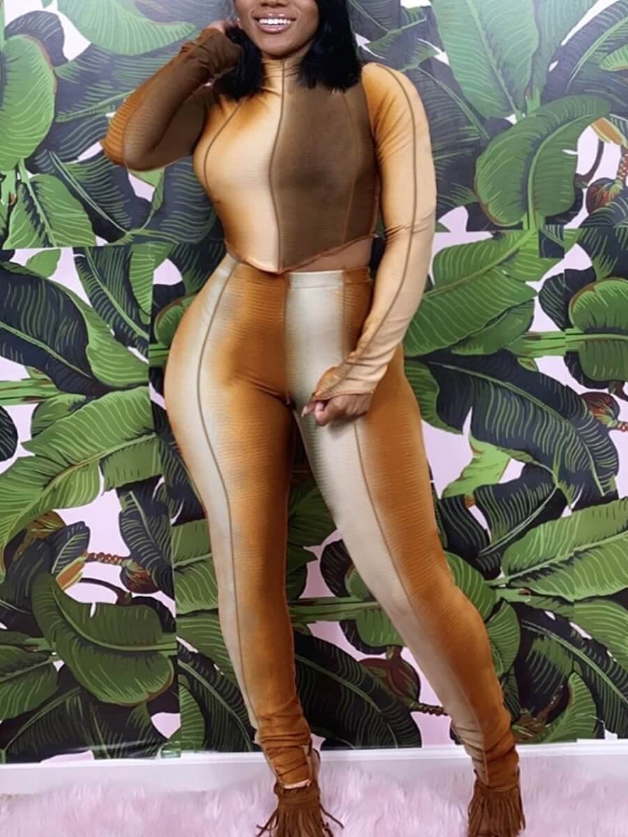 

Lovely Stylish Half A Turtleneck Gradient Brown Two Piece Pants Set