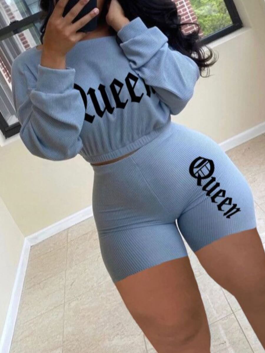 

Lovely Casual O Neck Letter Print Baby Blue Two Piece Shorts Set
