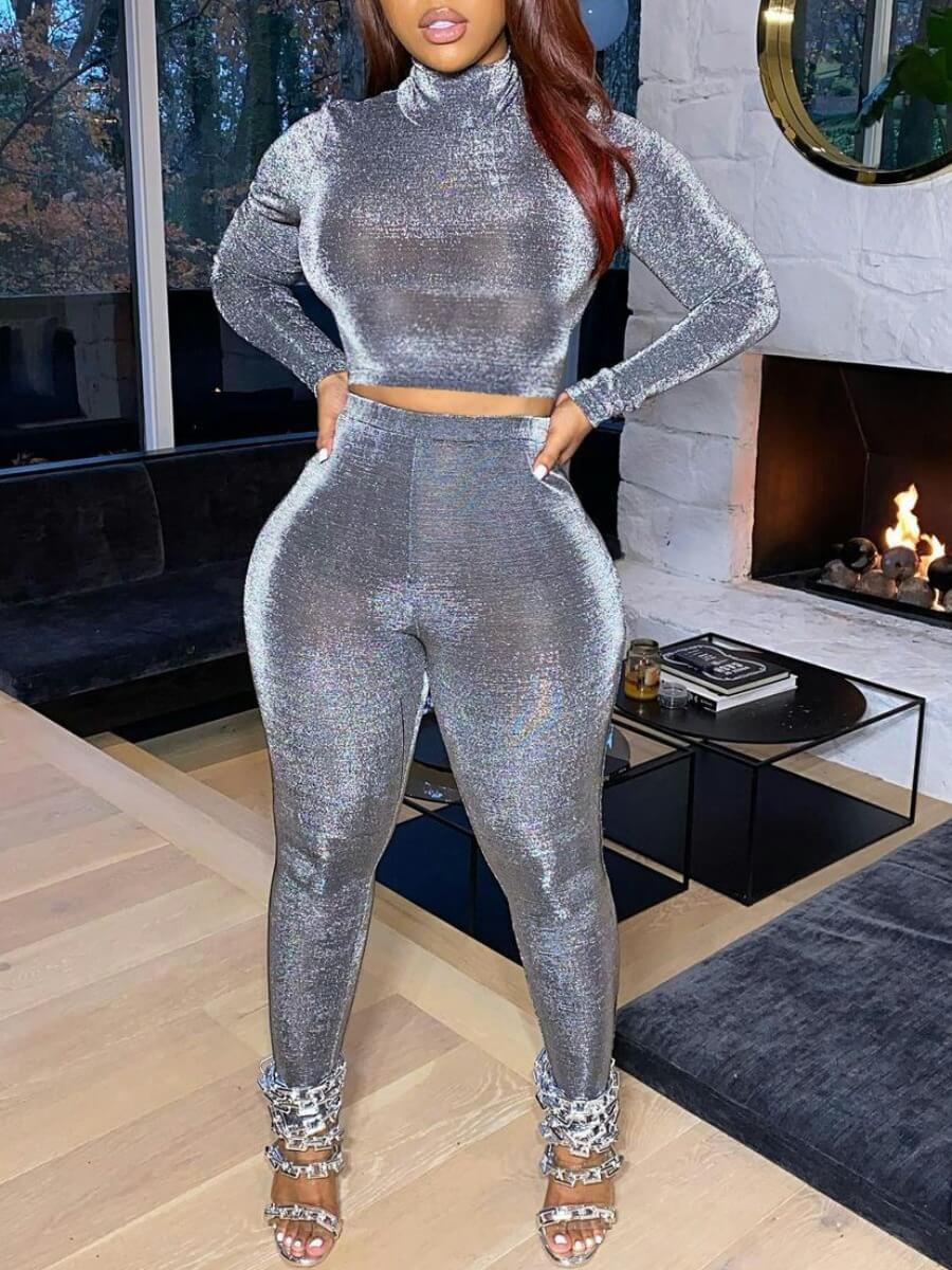 

Lovely Party Turtleneck Sequined Grey Two Piece Pants Set