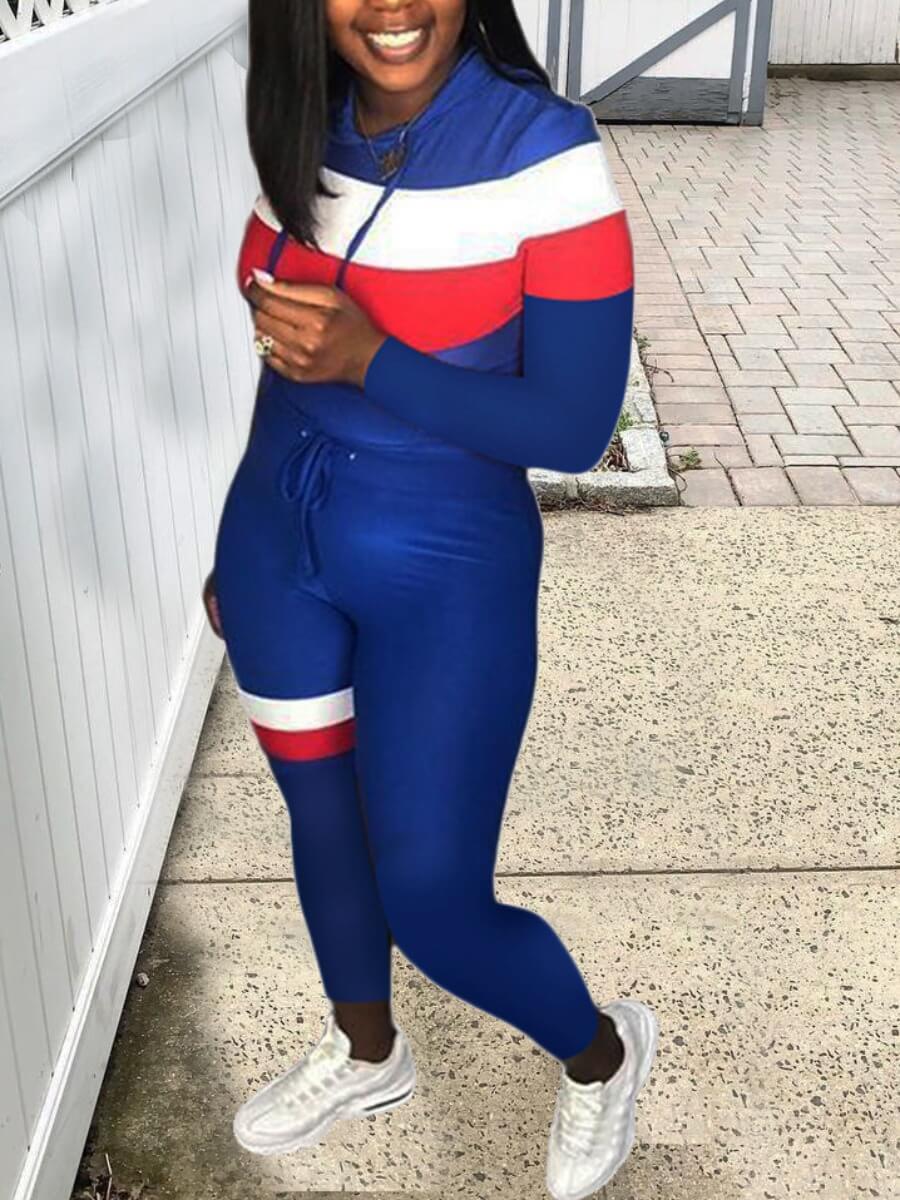 

Lovely Sportswear Striped Patchwork Blue Two Piece Pants Set