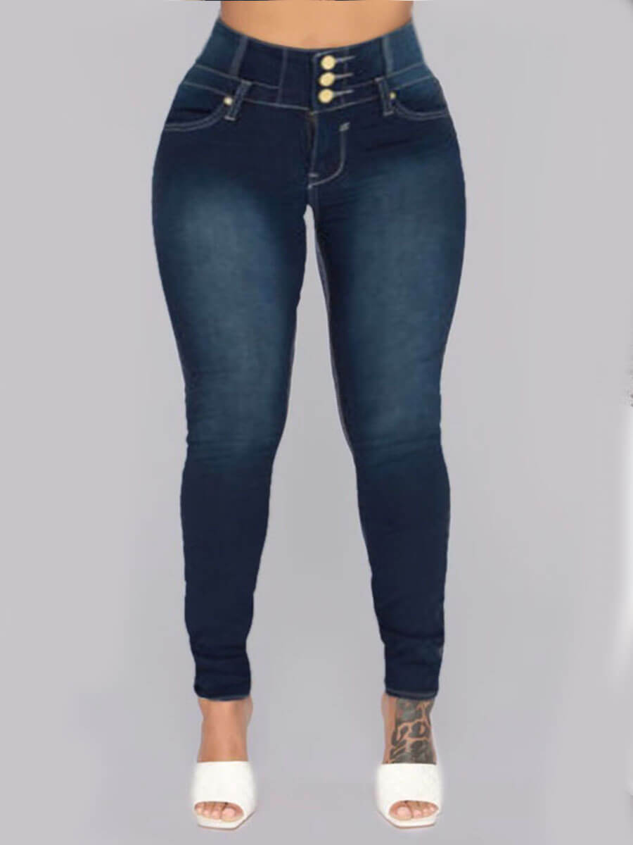 

Lovely Trendy High-waisted Button Design Blue Jeans