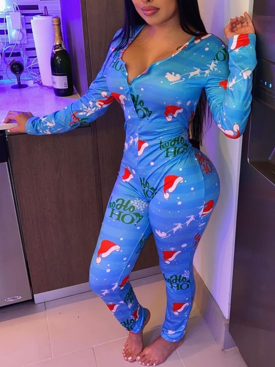 

Lovely Trendy Christmas Day Letter Print Blue Sleepwear