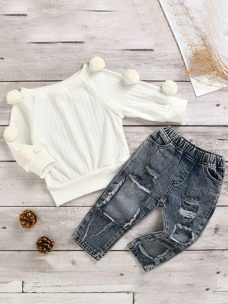 

Lovely Casual Ball-shaped Decoration Ripped White Girl Two Piece Pants Set