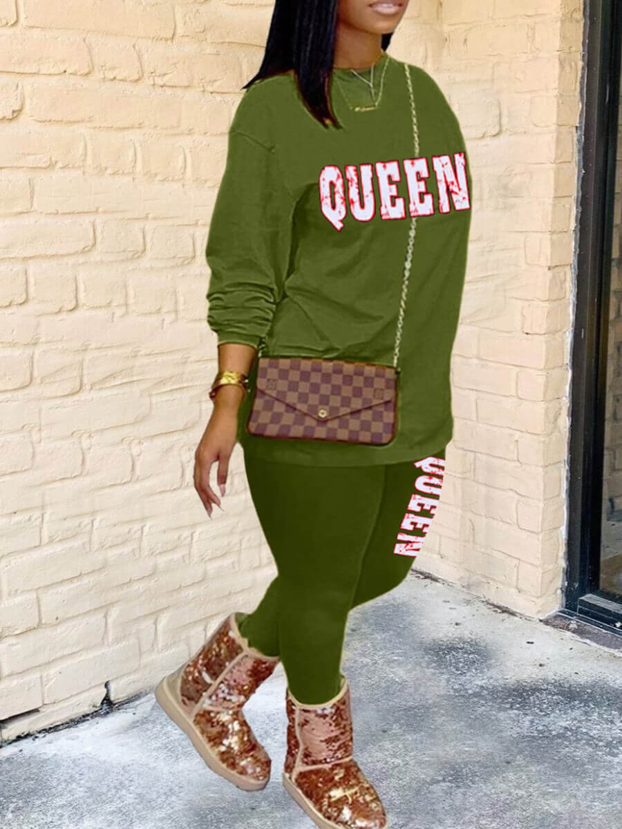 

Lovely Casual O Neck Letter Print Green Plus Size Two-piece Pants Set