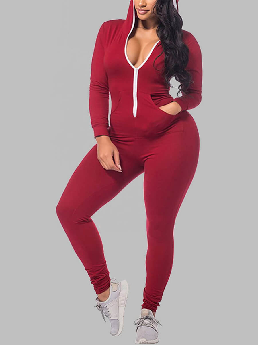 

Lovely Trendy Hooded Collar Pocket Design Wine Red Plus Size One-piece Jumpsuit