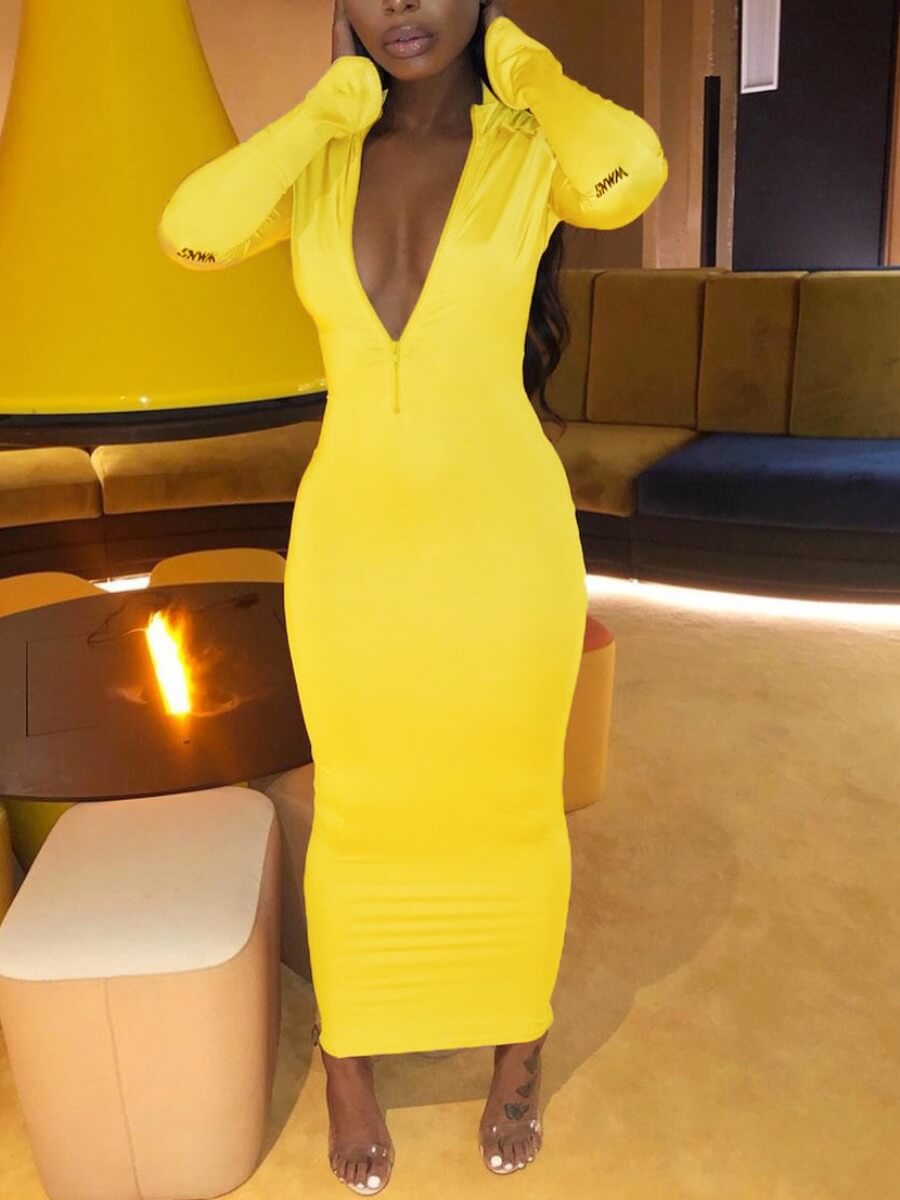

Lovely Casual Zipper Design Basic Skinny Yellow Ankle Length Dress