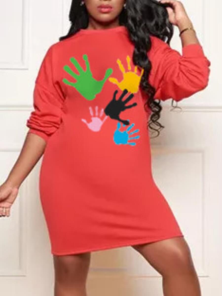 

Lovely Casual Palm Print Patchwork Red Knee Length Dress